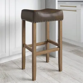 29" Faux Leather and Wood Saddle Seat Barstool Light Brown/Distressed Dark Brown - Nathan James