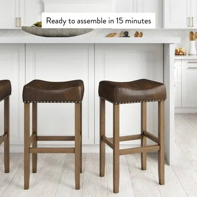 29" Faux Leather and Wood Saddle Seat Barstool Light Brown/Distressed Dark Brown - Nathan James