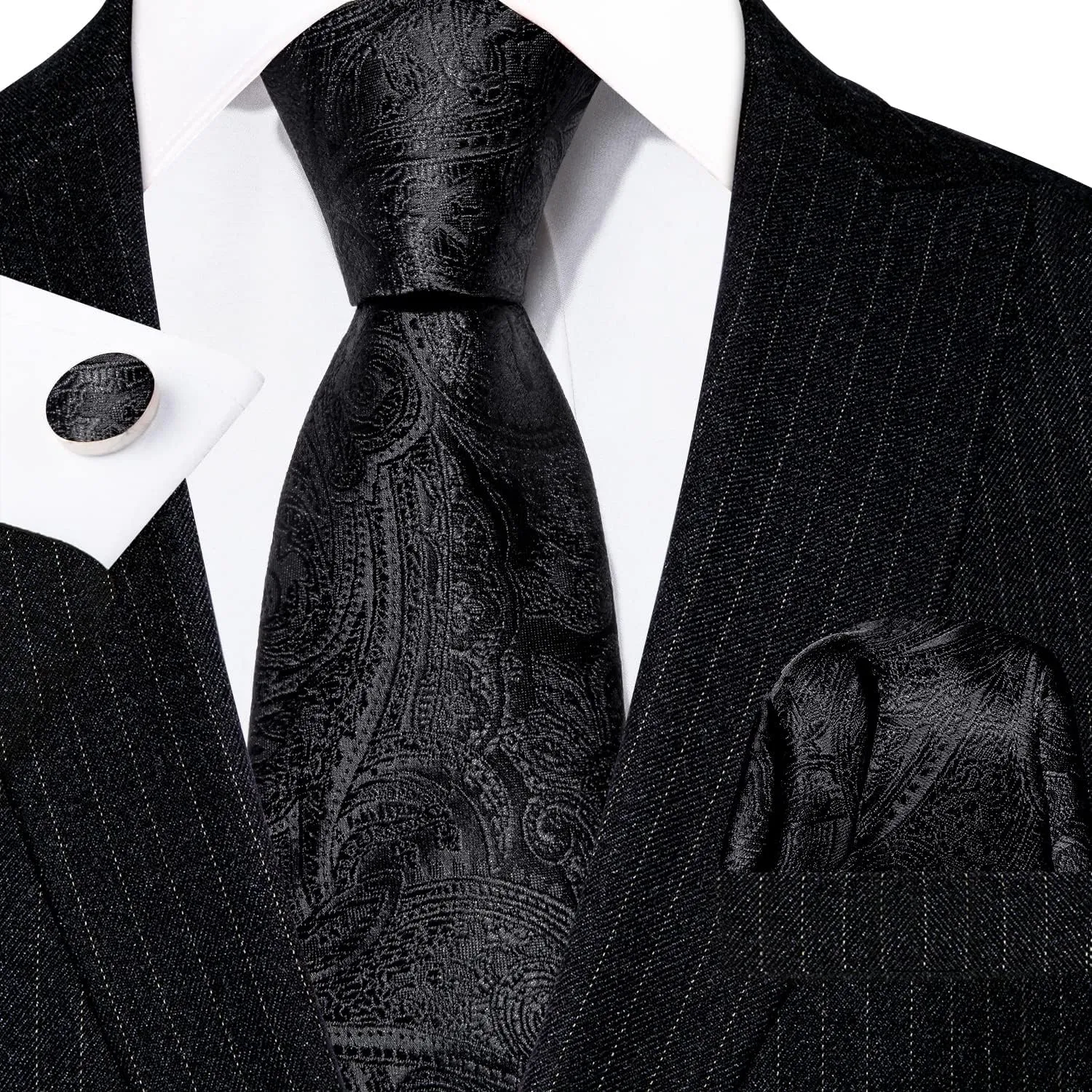 Barry.Wang Men Ties Paisley Woven Silk Necktie Set with Pocket Suqare Cufflinks Formal