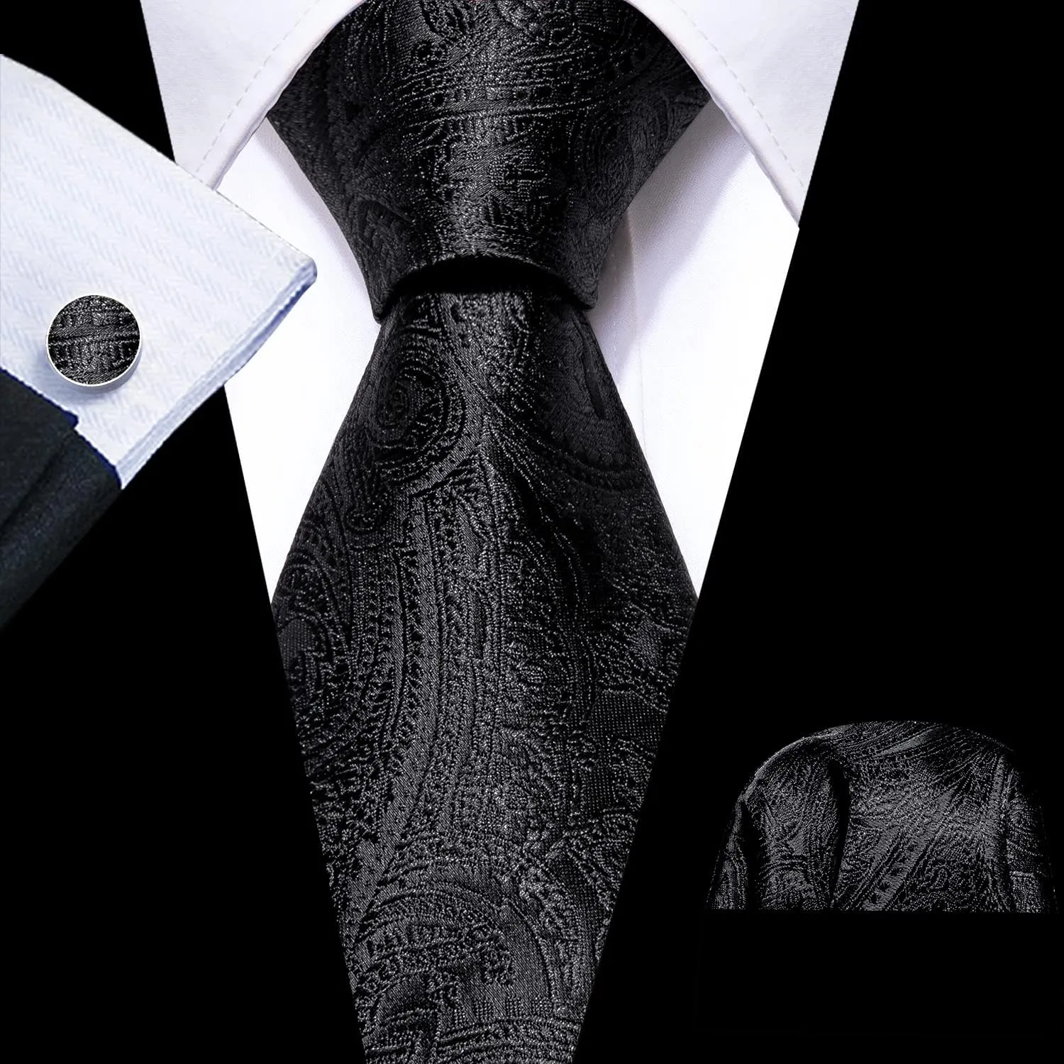 Barry.Wang Men Ties Paisley Woven Silk Necktie Set with Pocket Suqare Cufflinks Formal