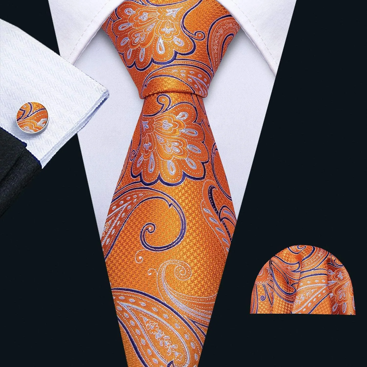 Barry.Wang Men Ties Paisley Woven Silk Necktie Set with Pocket Suqare Cufflinks Formal