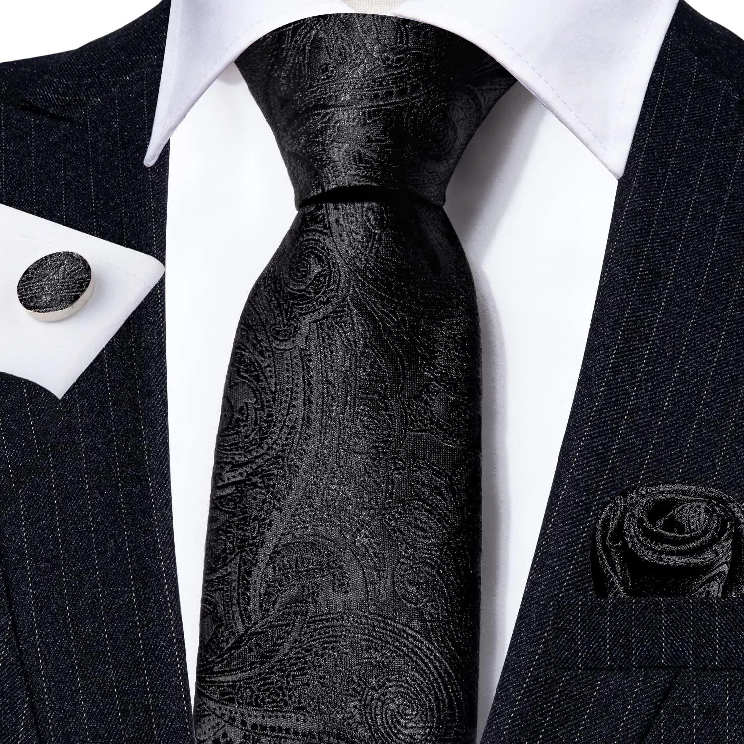 Barry.Wang Men Ties Paisley Woven Silk Necktie Set with Pocket Suqare Cufflinks Formal