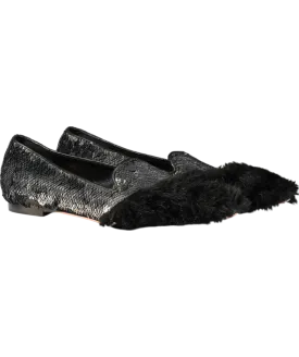 JF London Black Sequin Fur Flat Pumps UK 6 EU 39 👠