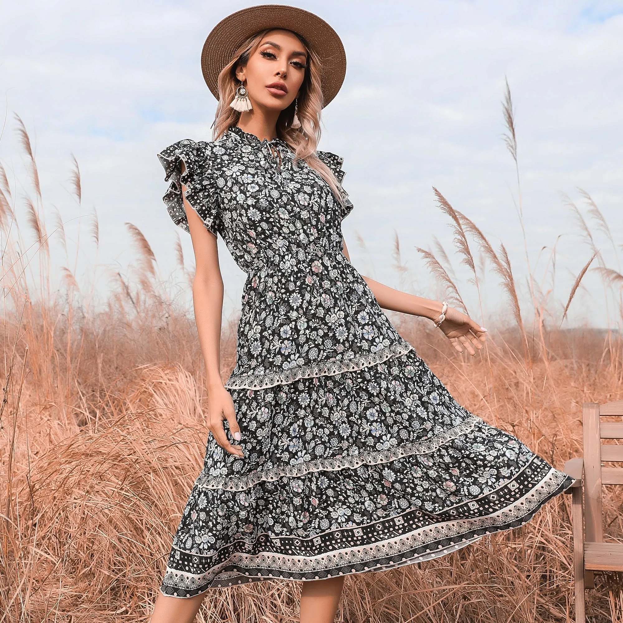 KittenAlarm - Floral V-neck Flared Sleeve Dress