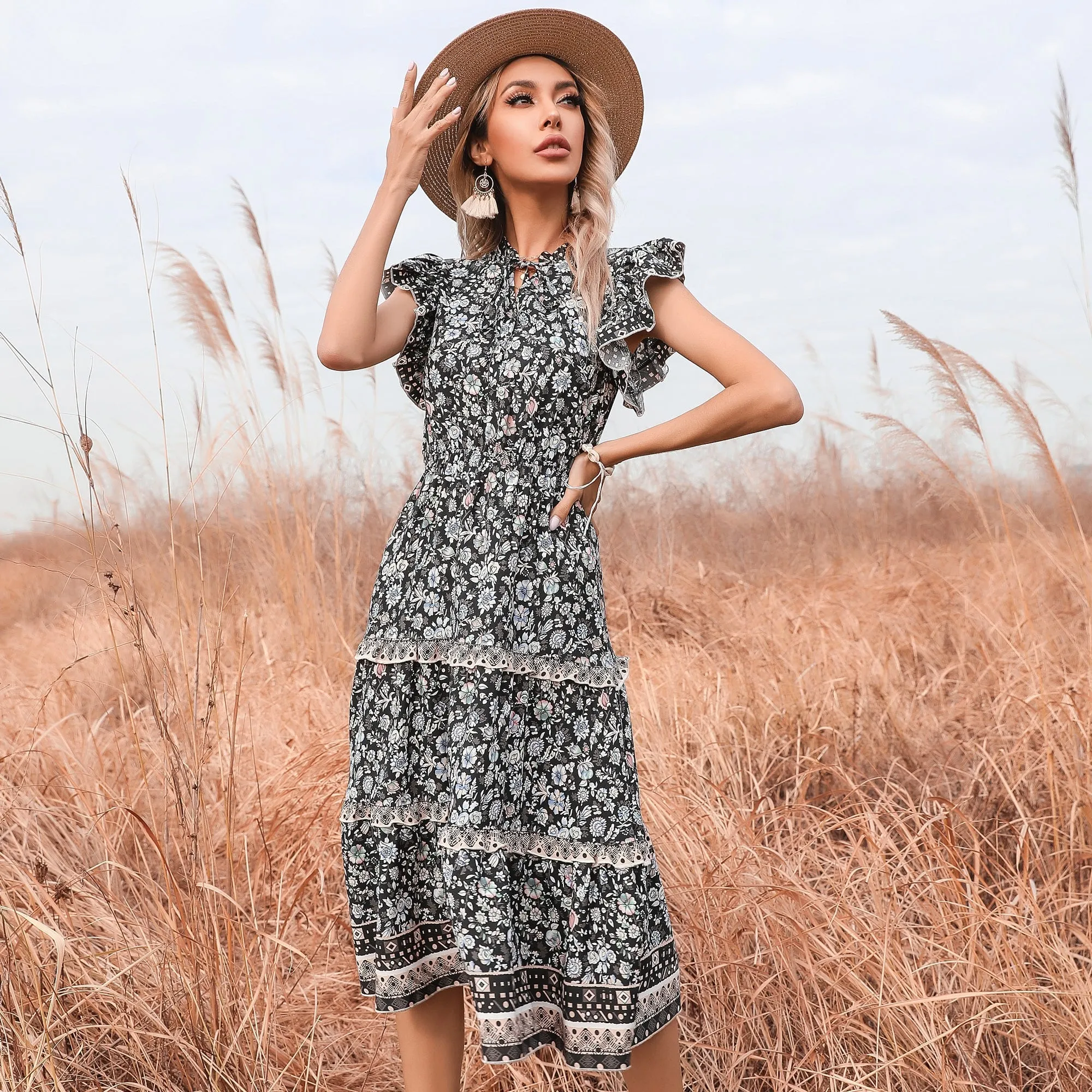 KittenAlarm - Floral V-neck Flared Sleeve Dress