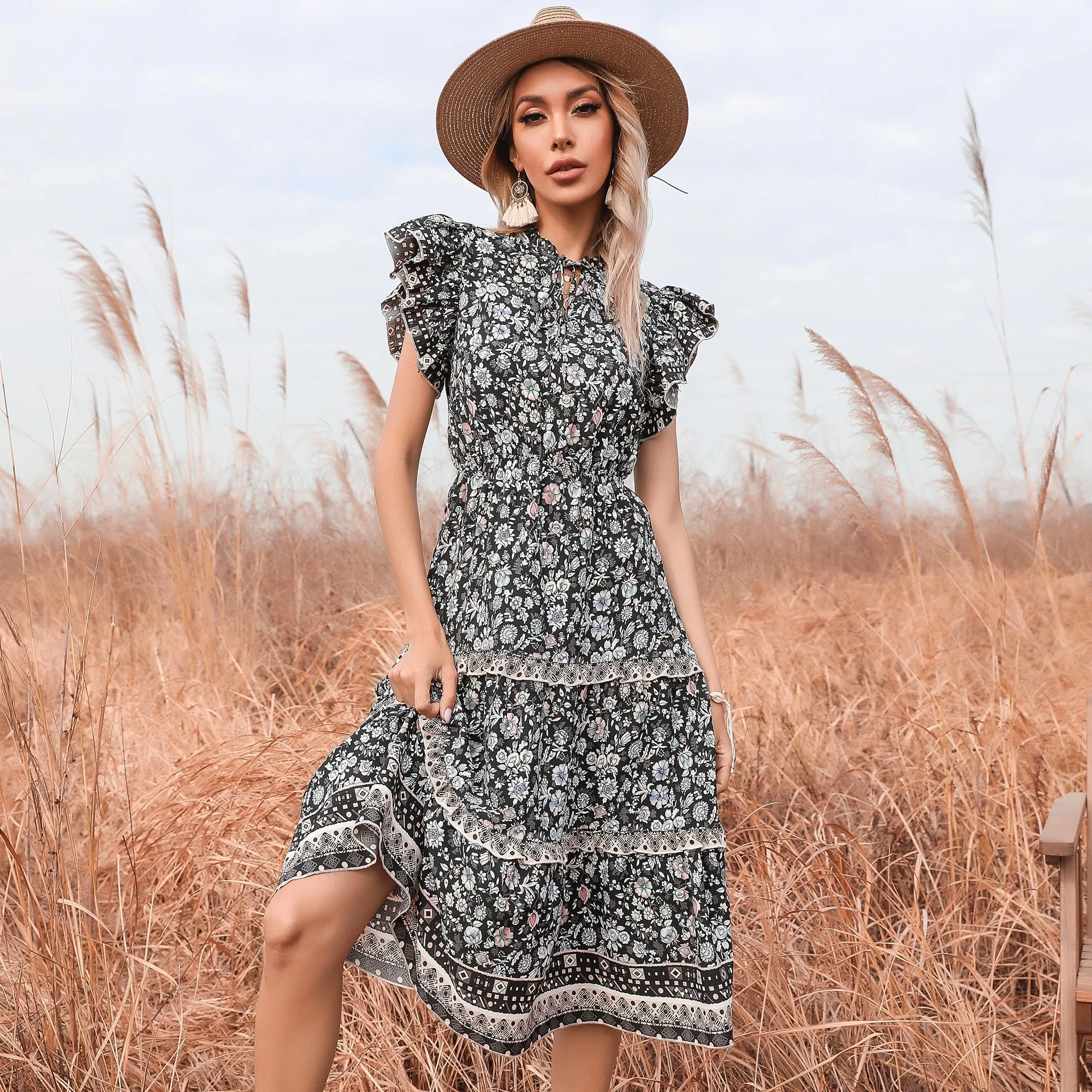 KittenAlarm - Floral V-neck Flared Sleeve Dress