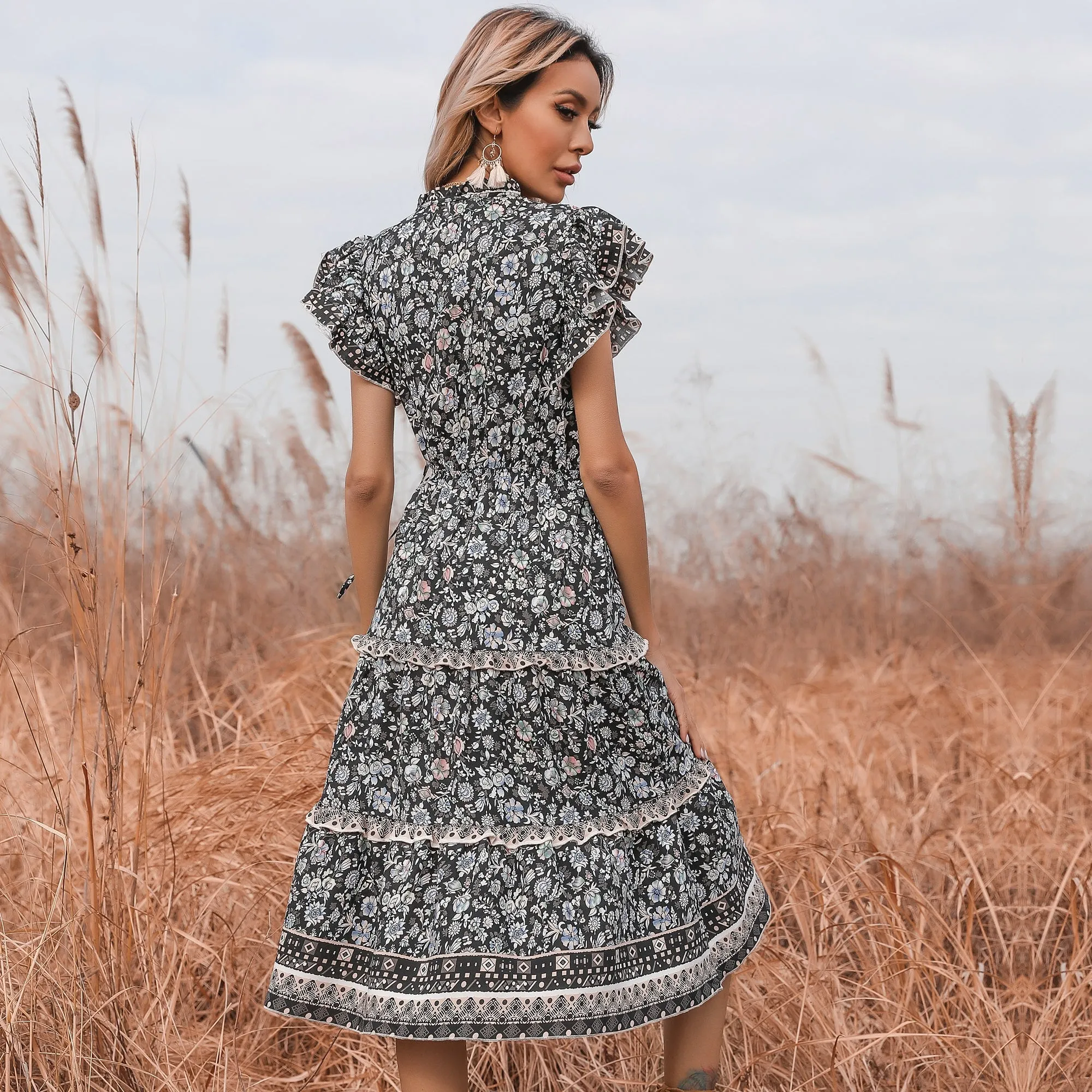 KittenAlarm - Floral V-neck Flared Sleeve Dress