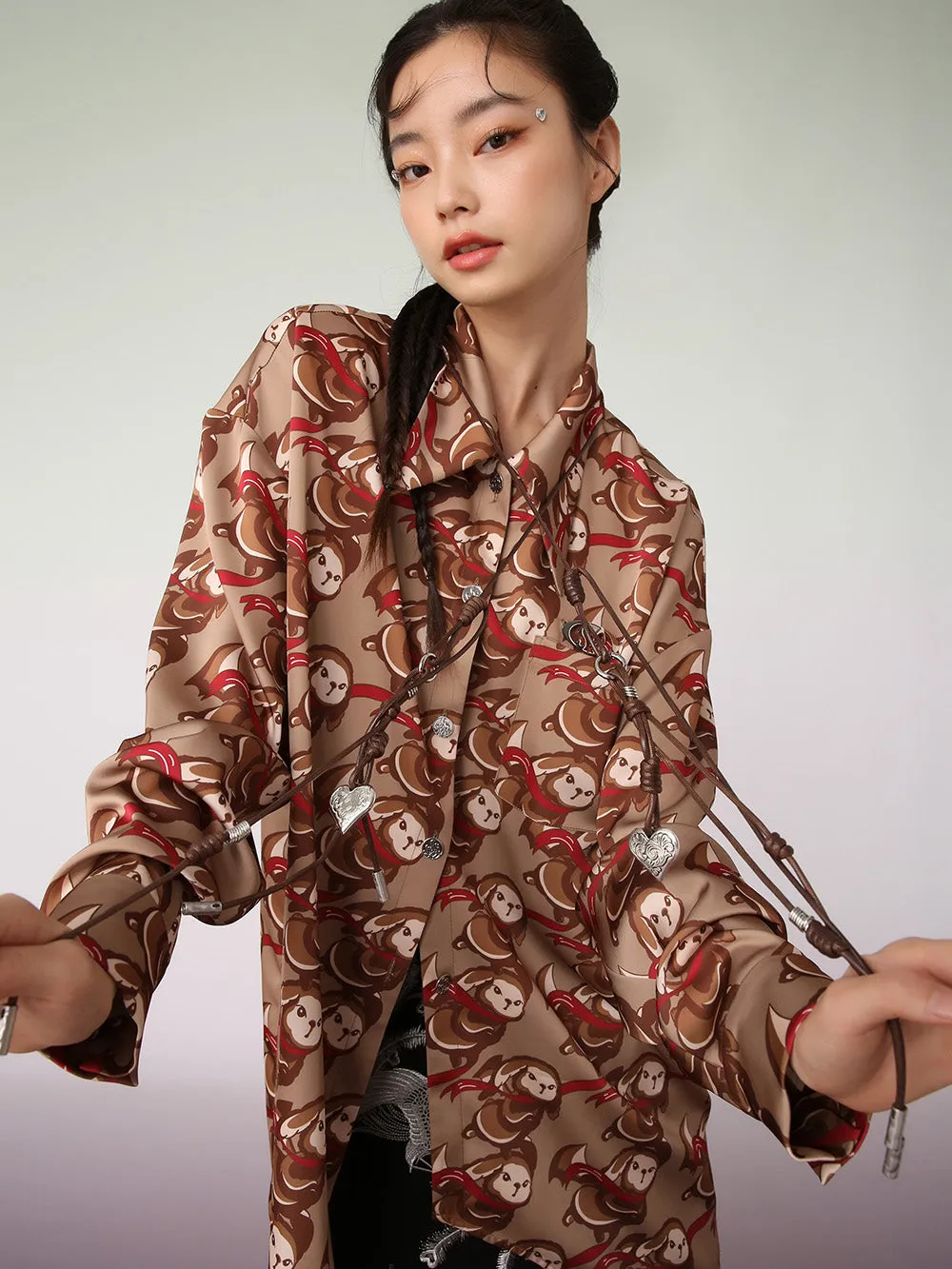 MUKZIN Brown Artist Joint Casual Graphic Print Shirt
