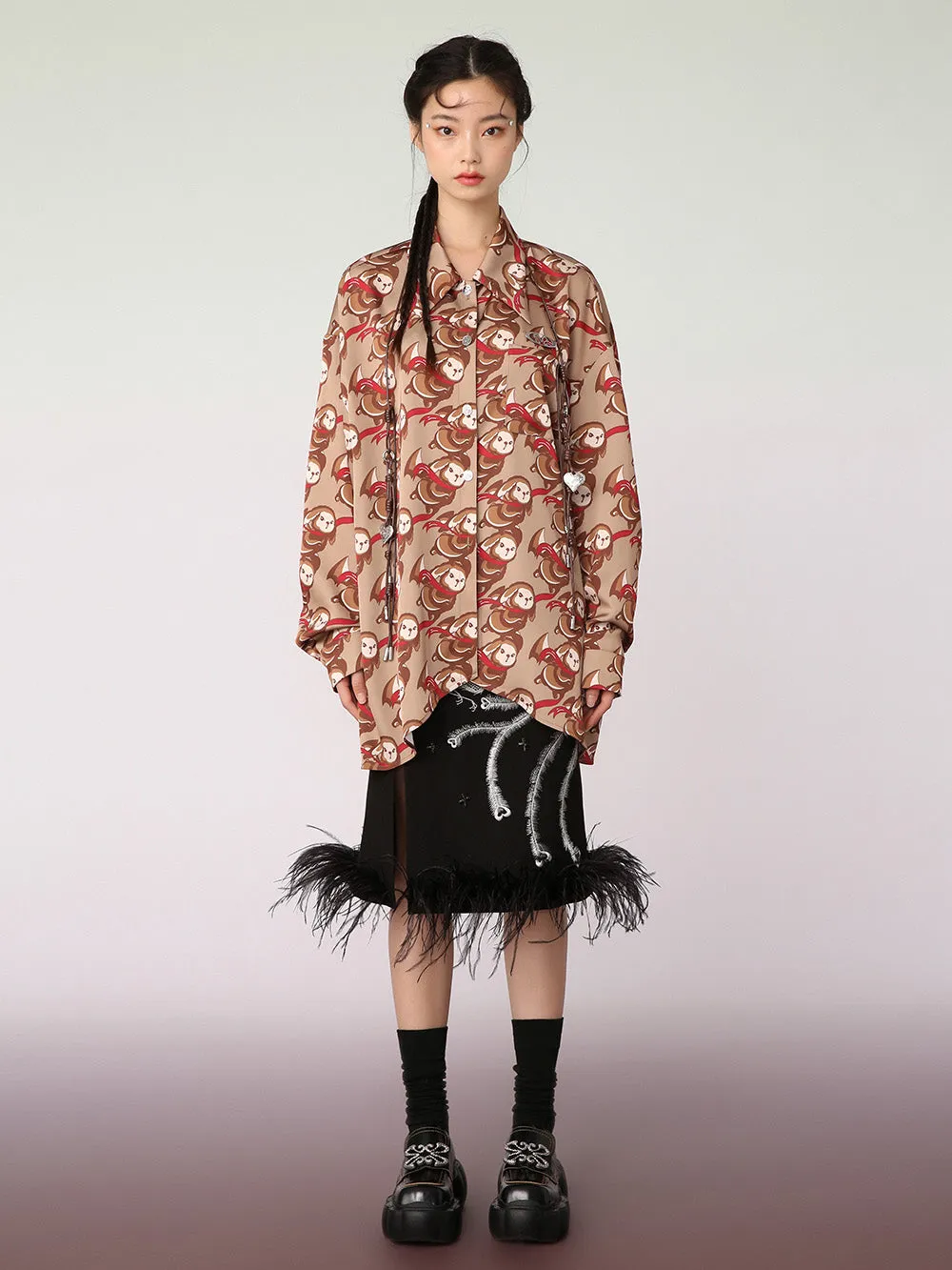 MUKZIN Brown Artist Joint Casual Graphic Print Shirt