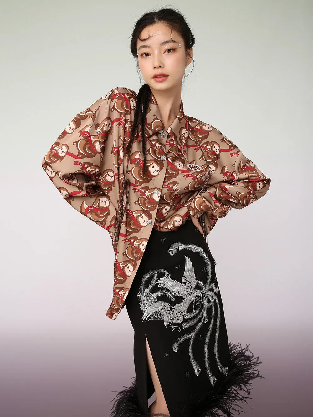 MUKZIN Brown Artist Joint Casual Graphic Print Shirt
