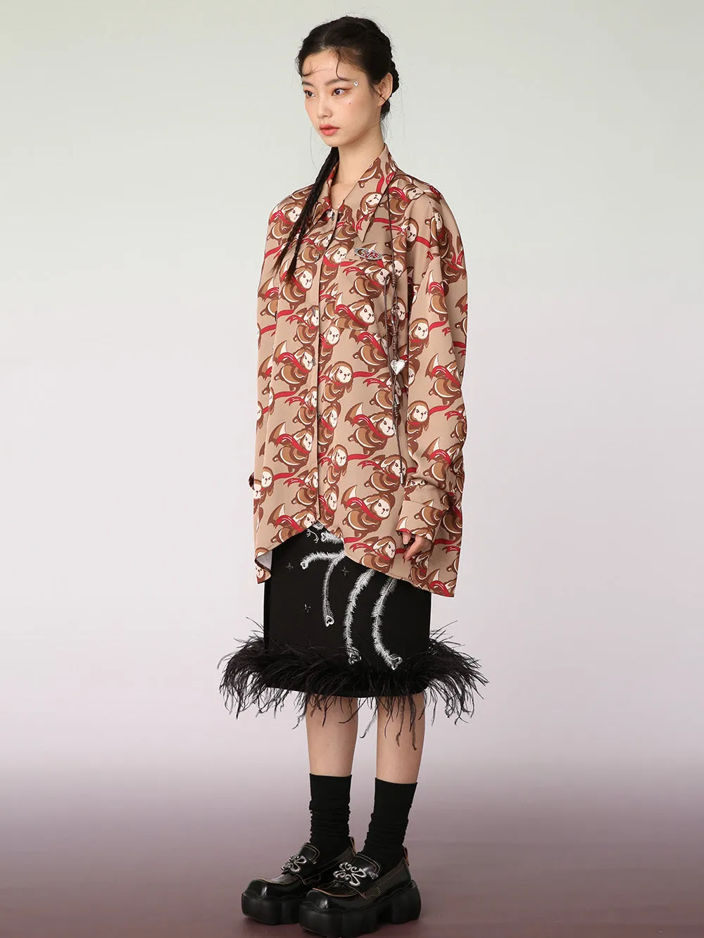 MUKZIN Brown Artist Joint Casual Graphic Print Shirt
