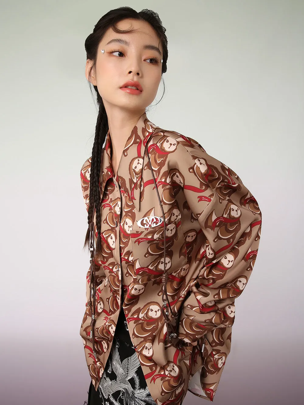 MUKZIN Brown Artist Joint Casual Graphic Print Shirt