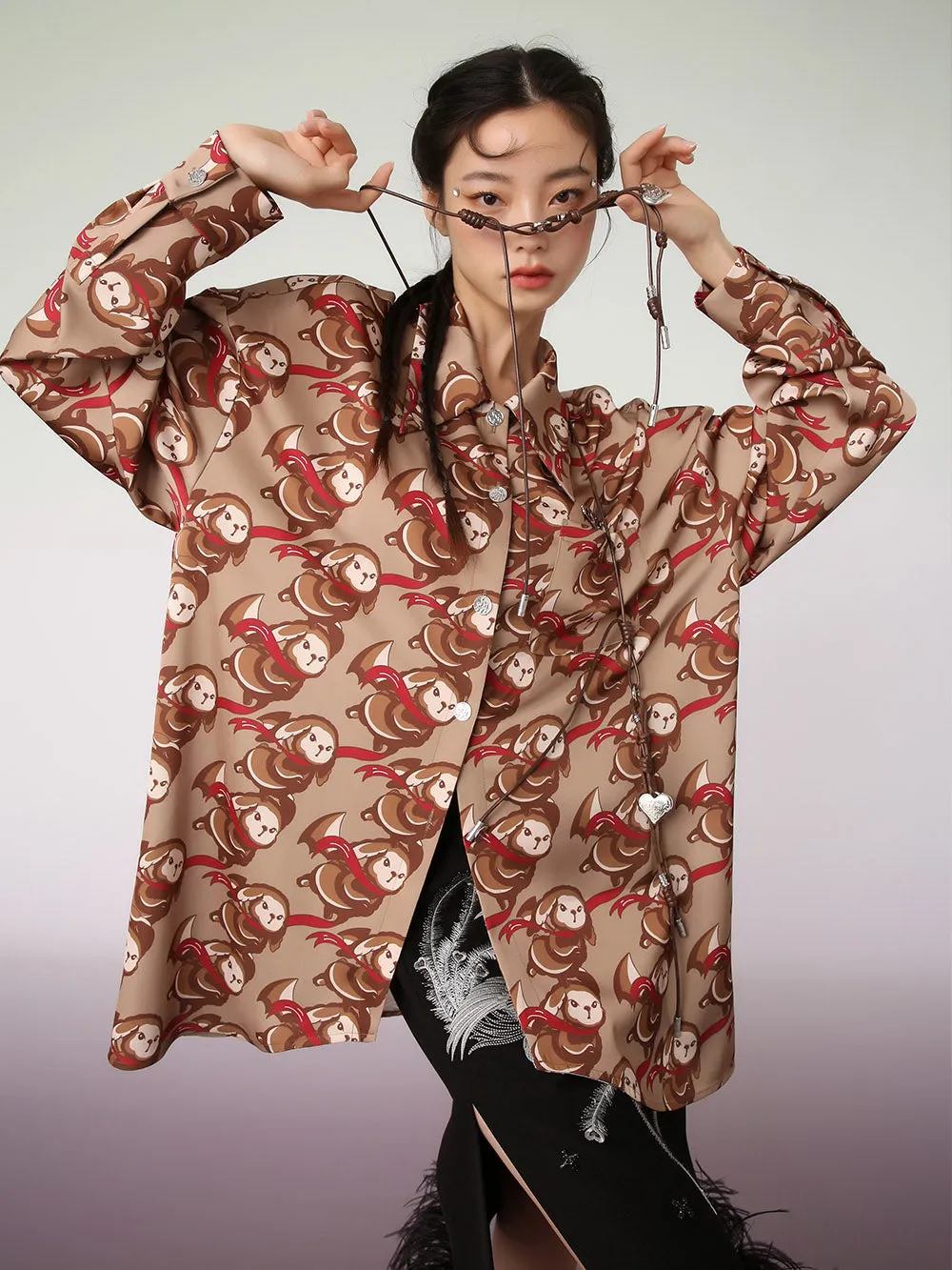 MUKZIN Brown Artist Joint Casual Graphic Print Shirt