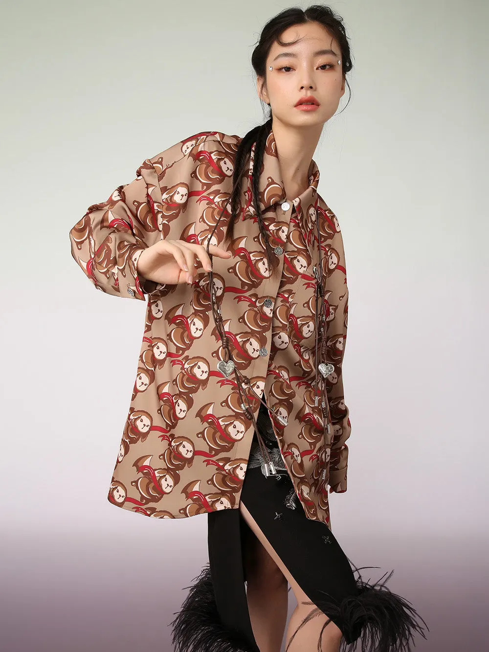 MUKZIN Brown Artist Joint Casual Graphic Print Shirt