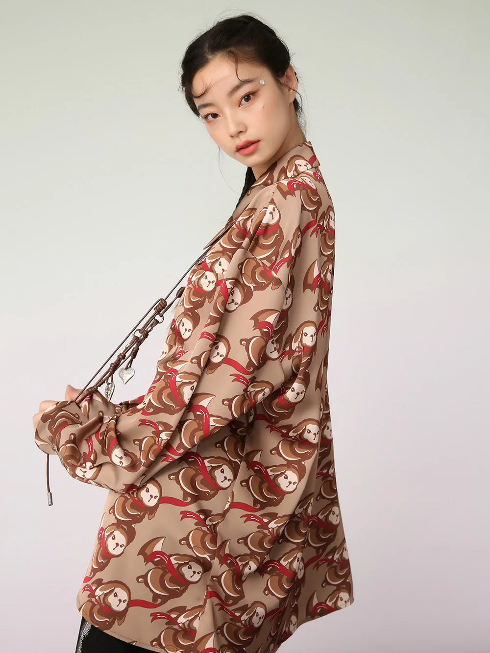 MUKZIN Brown Artist Joint Casual Graphic Print Shirt