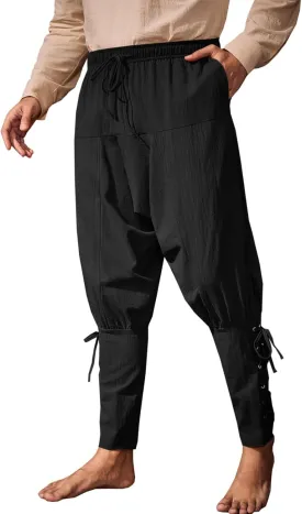 Runcati Mens Medieval Ankle Banded Pants Renaissance Viking Pirate Navigator Costume Pants Lace Up Cotton Halloween Trousers