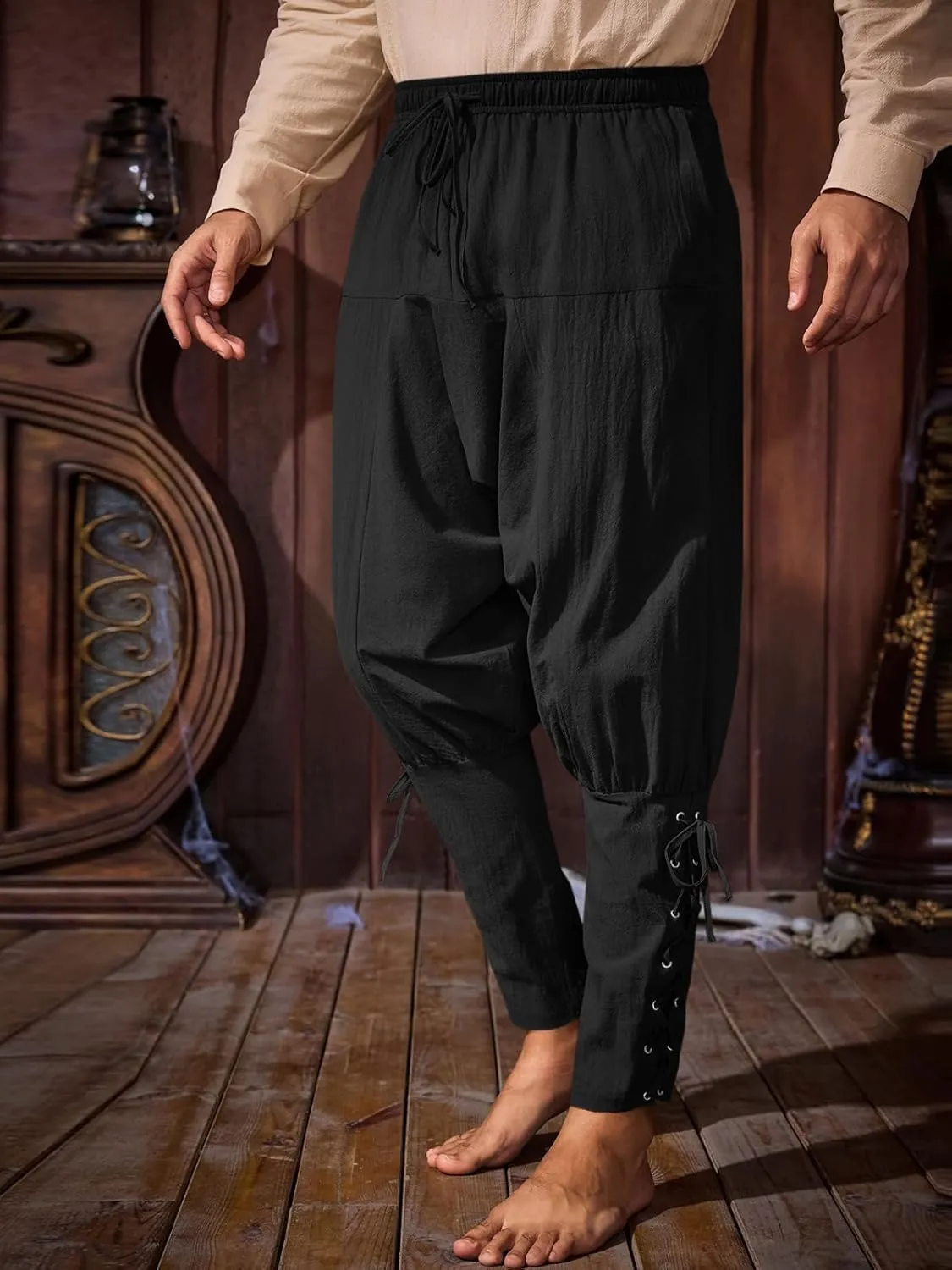 Runcati Mens Medieval Ankle Banded Pants Renaissance Viking Pirate Navigator Costume Pants Lace Up Cotton Halloween Trousers