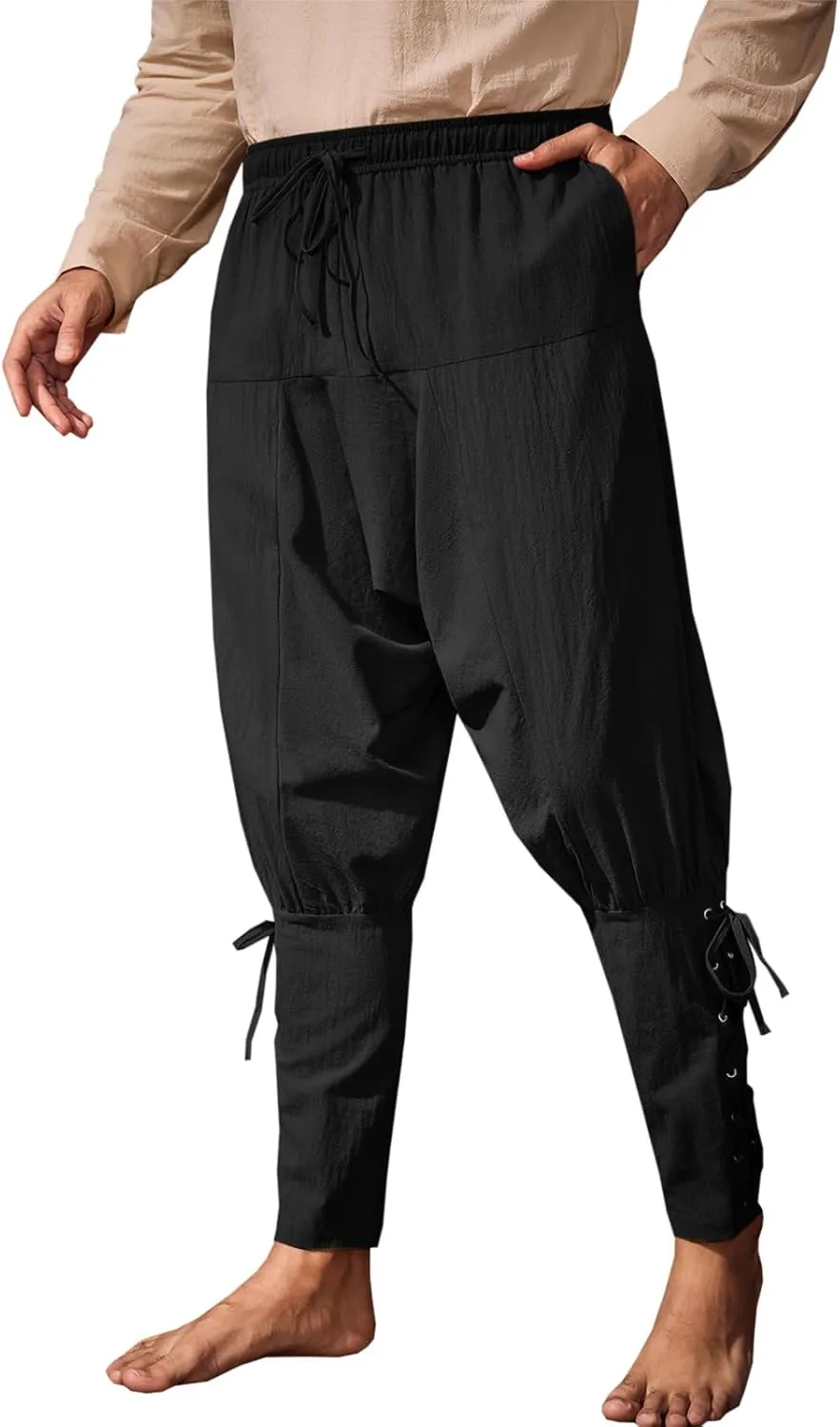 Runcati Mens Medieval Ankle Banded Pants Renaissance Viking Pirate Navigator Costume Pants Lace Up Cotton Halloween Trousers