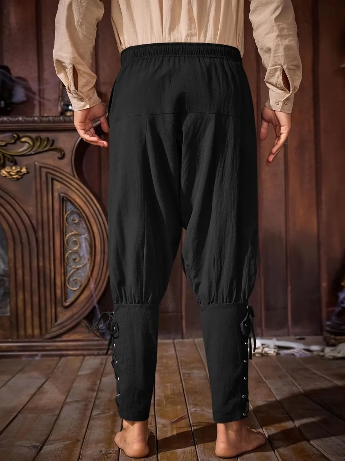Runcati Mens Medieval Ankle Banded Pants Renaissance Viking Pirate Navigator Costume Pants Lace Up Cotton Halloween Trousers