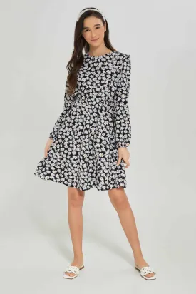 Senior Girls Black Floral Print Dress