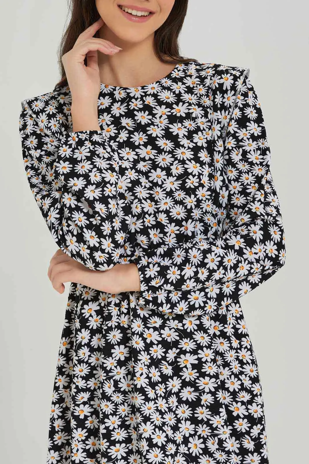 Senior Girls Black Floral Print Dress