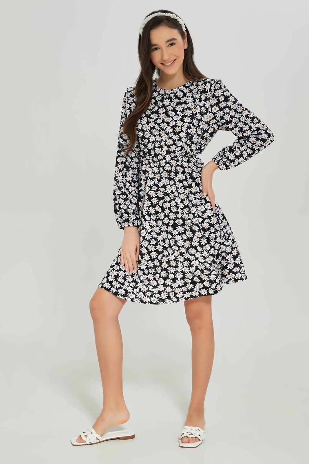 Senior Girls Black Floral Print Dress