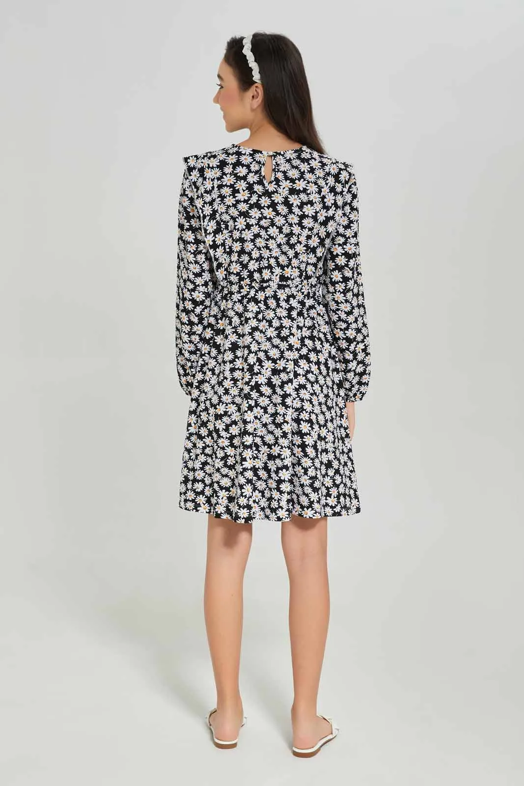 Senior Girls Black Floral Print Dress
