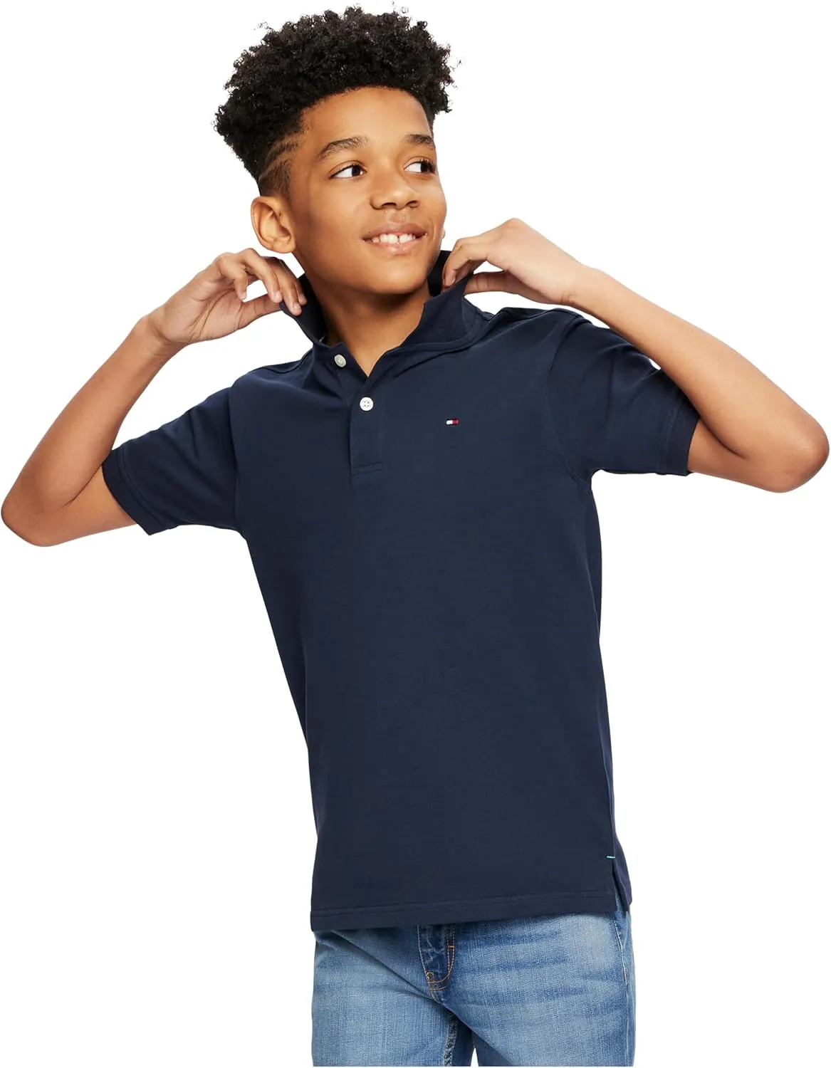Tommy Hilfiger Boys' Short Sleeve Premium Pique Polo Shirt, Button Closure, Soft & Comfortable
