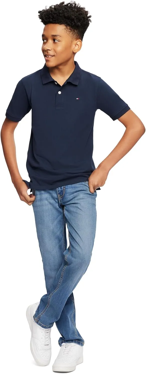 Tommy Hilfiger Boys' Short Sleeve Premium Pique Polo Shirt, Button Closure, Soft & Comfortable